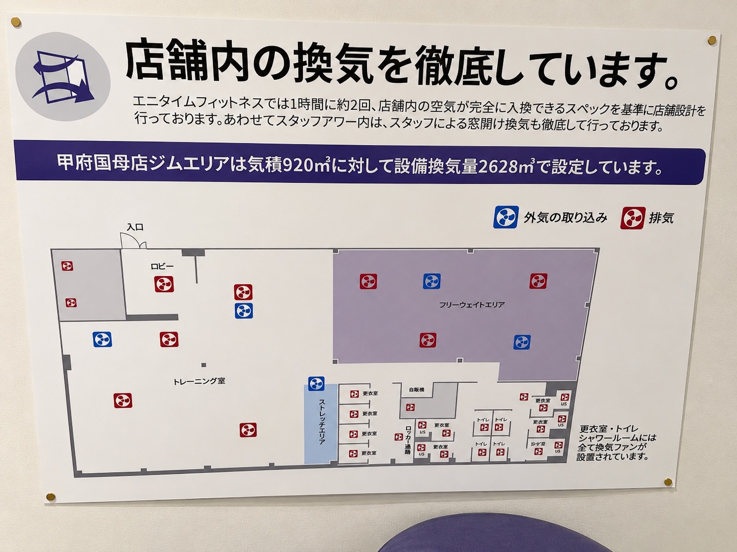 甲府国母店の換気設備図。気積920立方メートルに対し設備換気量2628立方メートル