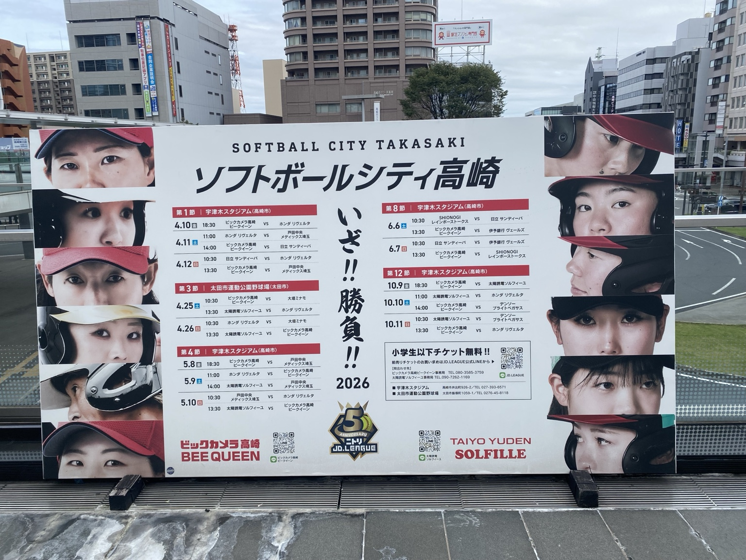 高崎駅東口ペデストリアンデッキのソフトボールシティ高崎の看板広告