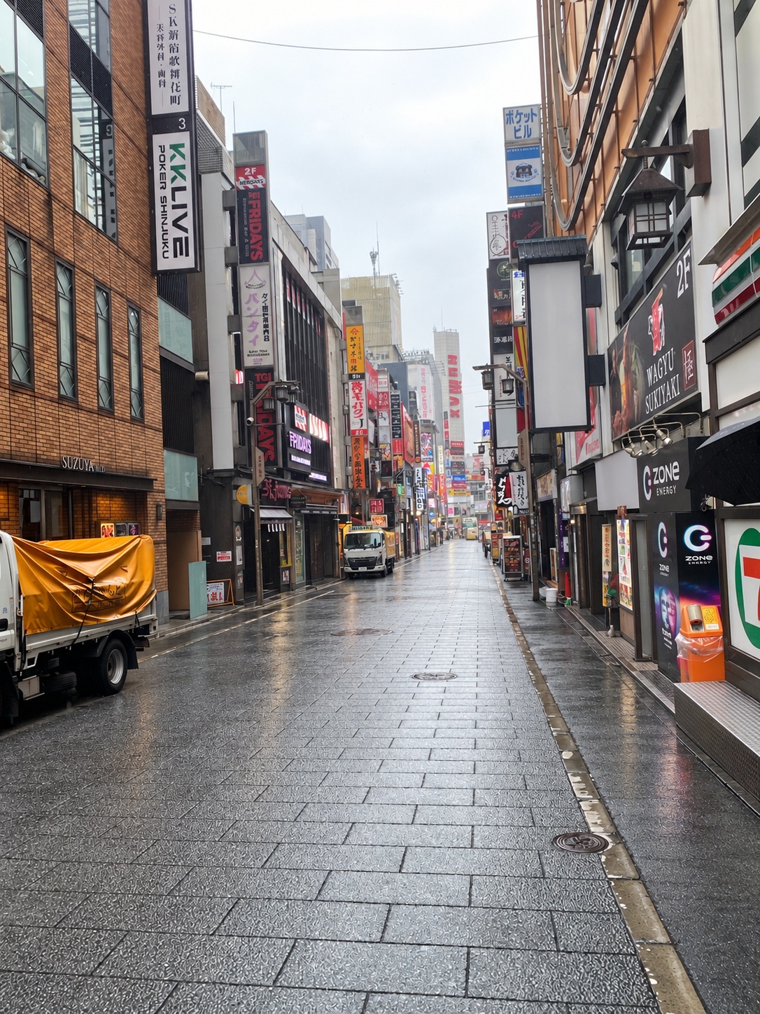雨に濡れた石畳が続く新宿の繁華街の通り
